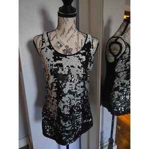 Express Womens Sequin Tank Top Black Silver Scoop Neck Party Camo Pattern Small
